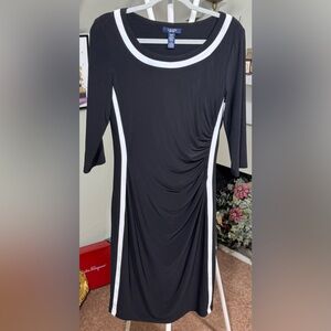 NWOT Chaps Black 3/4-Sleeve Bodycon Dress with White Stripe Accents Ruching